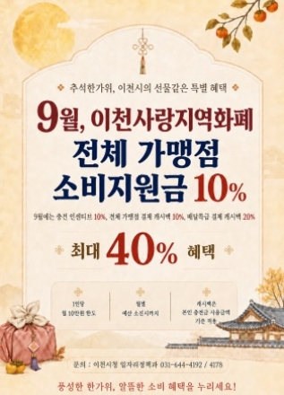 이천시, 9월 추석 명절 맞아 이천사랑지역화폐 소비지원금 혜택 확대