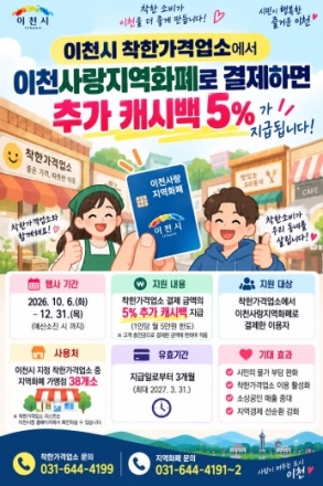 이천시, 착한가격업소 이용하면 지역화폐 5% 추가 캐시백